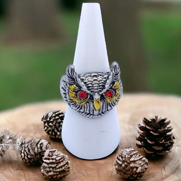 Red Eye Owl Statement Ring 3D Unisex Native American Stainless Steel Jewelry - Picture 1 of 7
